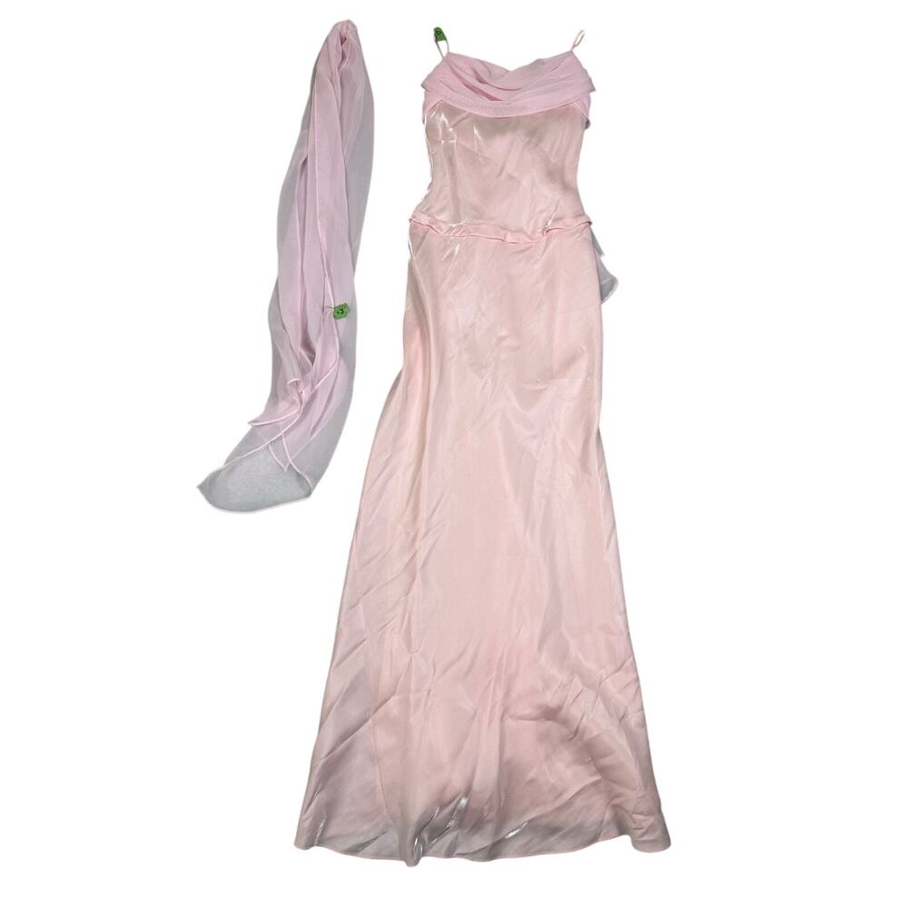 VTG Y2K Eureka Size S Maxi Dress Prom Formal Long Cowl Neck Pink Scarf Romantic